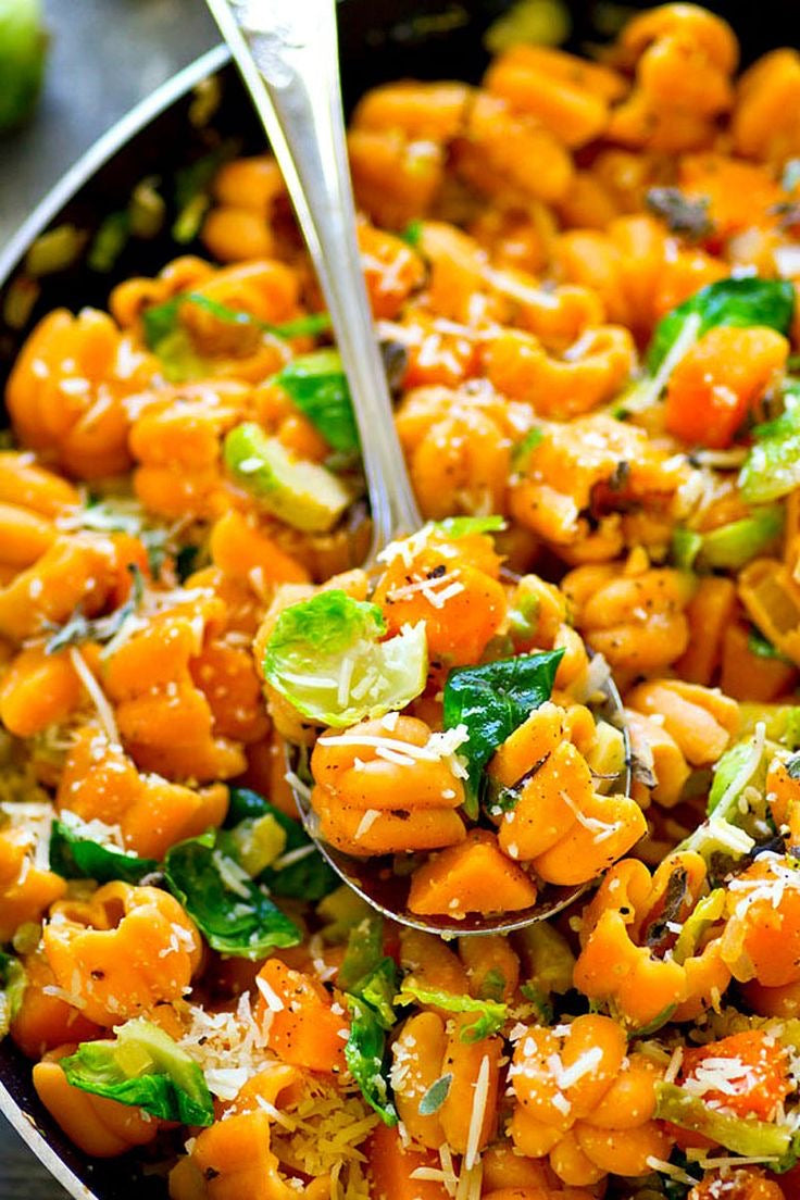 Butternut squash pasta with turkey and Brussels